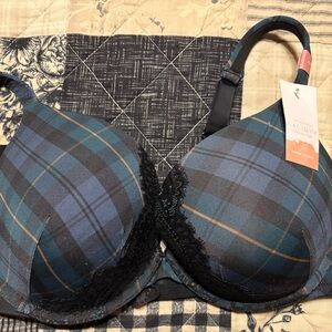 Cacique Blue and Black Plaid Bra with Lace Trim